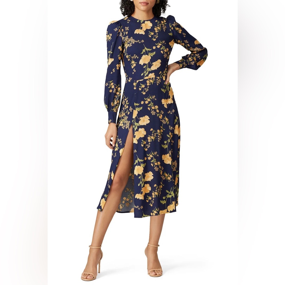 Reformation Navy Blue and Yellow Floral Midi Dress